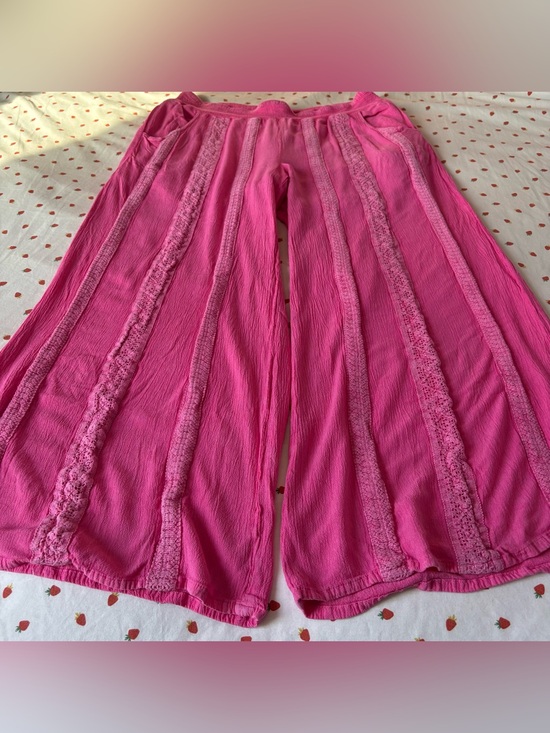Bunulu Pants - Bunulu Pink Embroidery Trimmed Wide Leg Cropped Pants Size M